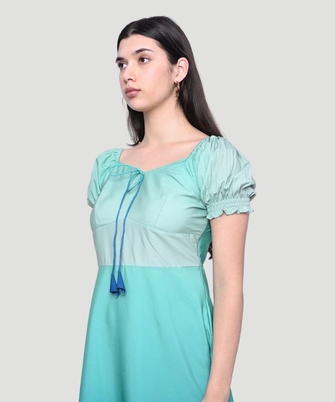 Women Puffed Sleeve Green Empire Tie - Dye Dress - Effortless Chic Style