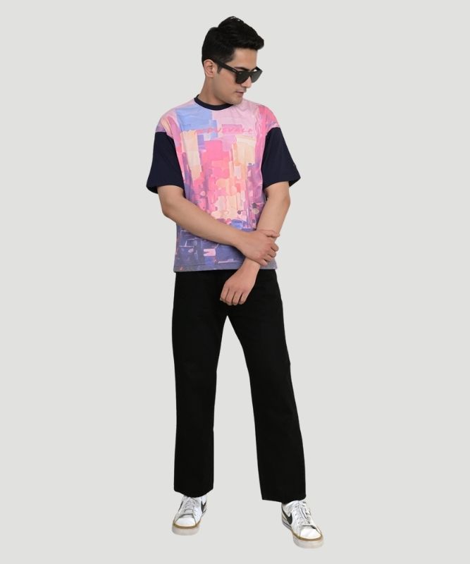 AI Imagined Oversize Pink Urban Chaos Graphic T-Shirt