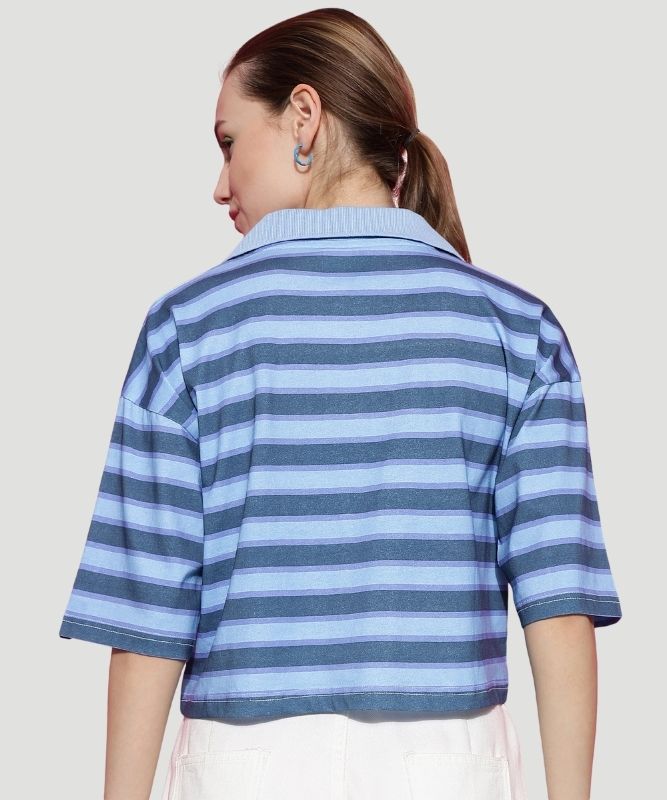 Women Chic Collar-Neck Blue Striped Crop Top: Elevate Your Style