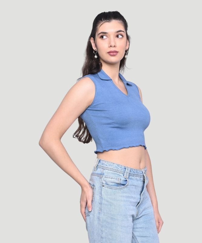 Women Solid Ribbed Teal Crop Top - A Gen-Z look