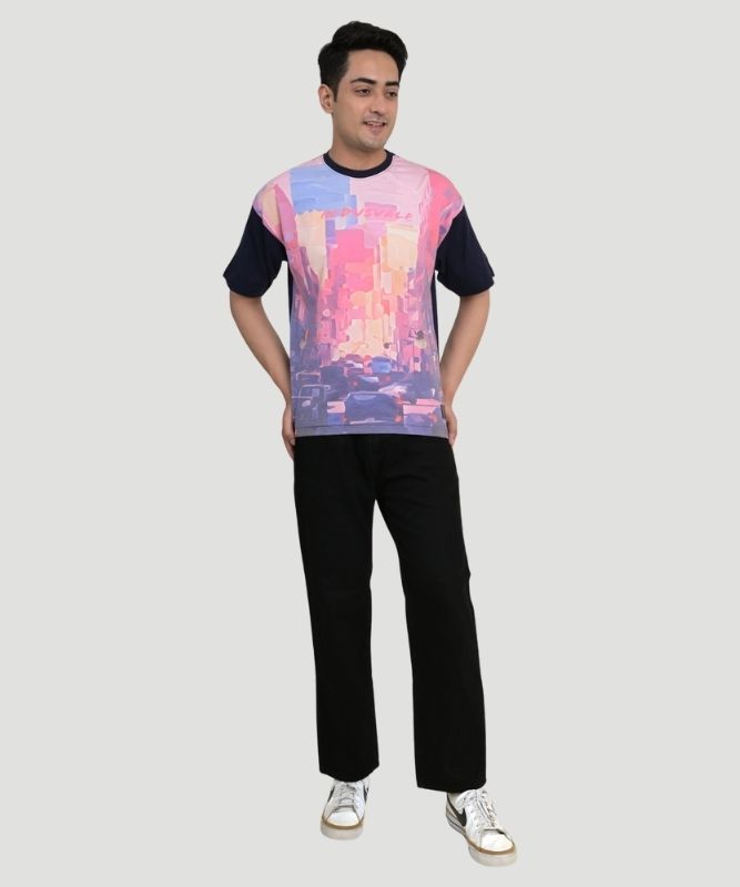 AI Imagined Oversize Pink Urban Chaos Graphic T-Shirt