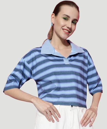 Women Chic Collar-Neck Blue Striped Crop Top: Elevate Your Style