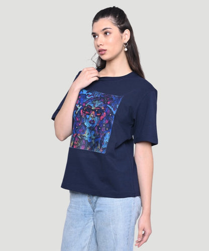 AI Imagined Women Face Printed Blue T-shirt - A Style Statement