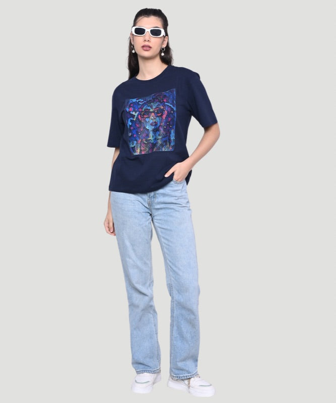 AI Imagined Women Face Printed Blue T-shirt - A Style Statement