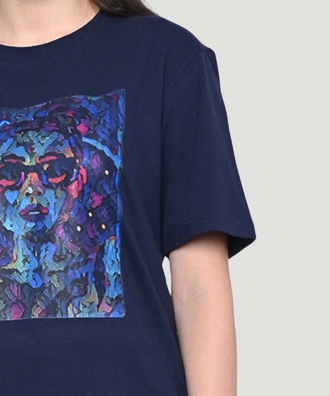 AI Imagined Women Face Printed Blue T-shirt - A Style Statement