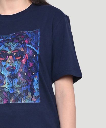 AI Imagined Women Face Printed Blue T-shirt - A Style Statement