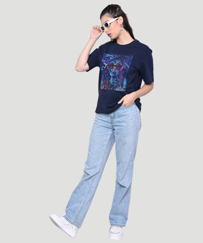 AI Imagined Women Face Printed Blue T-shirt - A Style Statement