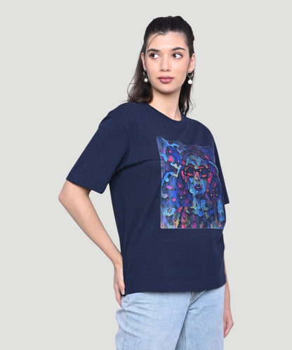 AI Imagined Women Face Printed Blue T-shirt - A Style Statement