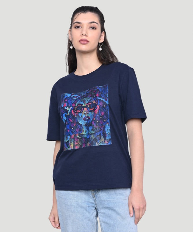 AI Imagined Women Face Printed Blue T-shirt - A Style Statement