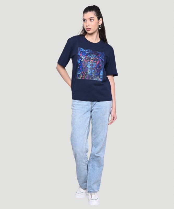 AI Imagined Women Face Printed Blue T-shirt - A Style Statement